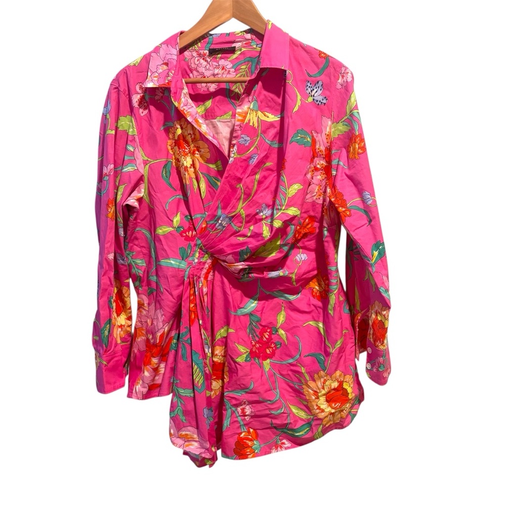 Natori Junko Cotton Poplin Side Drape Beaded Shirt Top Floral L Resortwear Bold